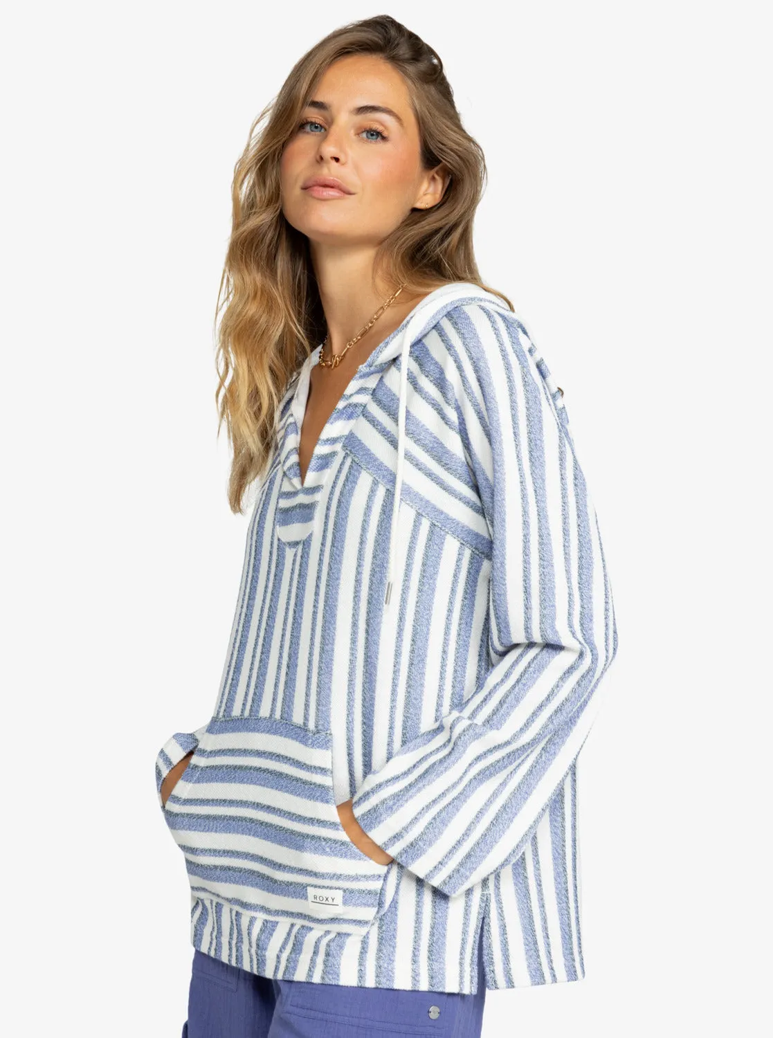 Wild And Free Poncho Style Hoodie - Bijou Blue Small Silk Stripe