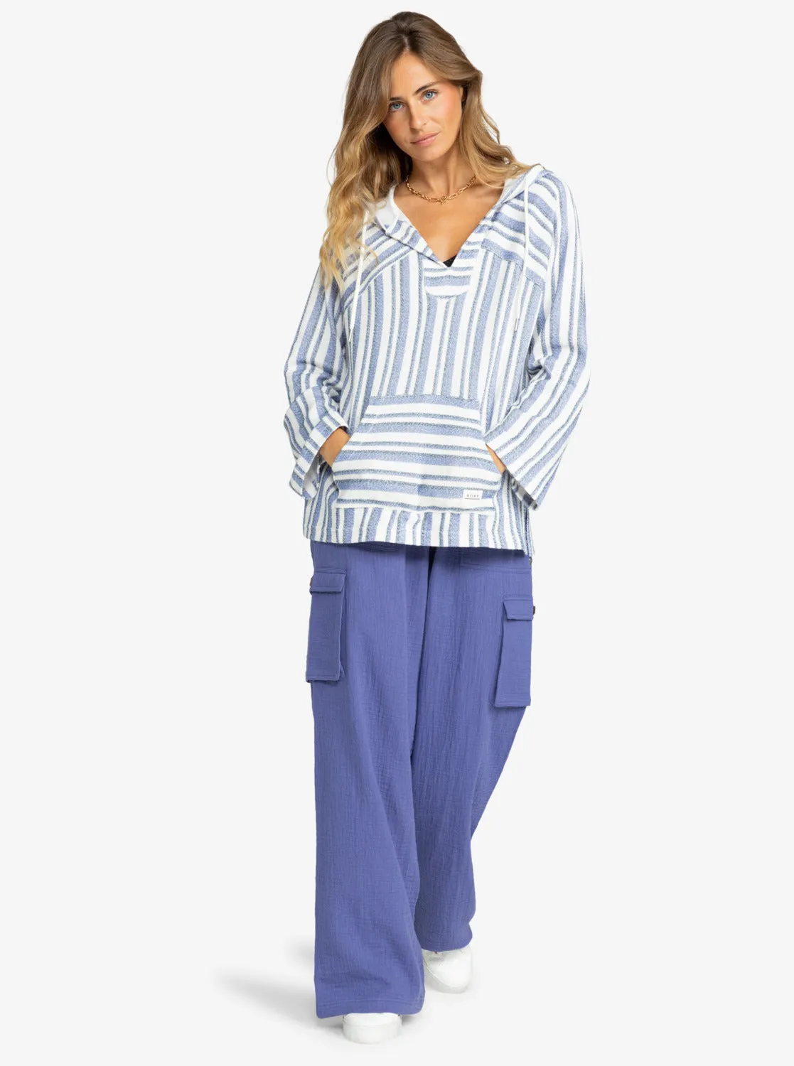 Wild And Free Poncho Style Hoodie - Bijou Blue Small Silk Stripe