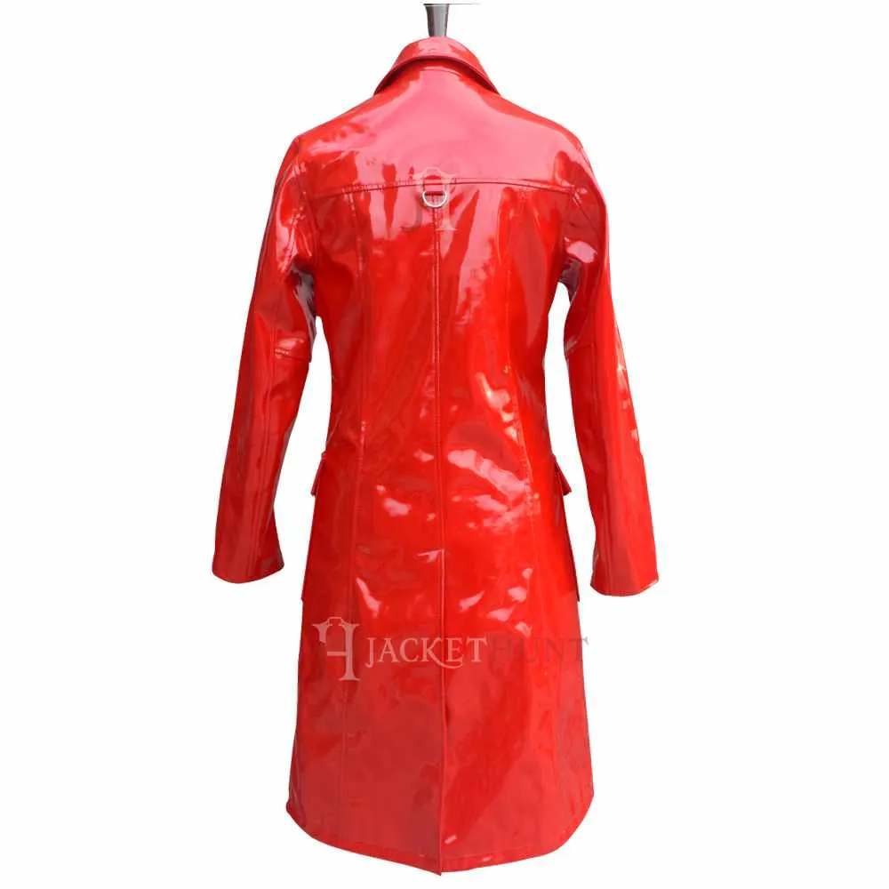 Women Military Double Breast Red Vinyl PVC Coat