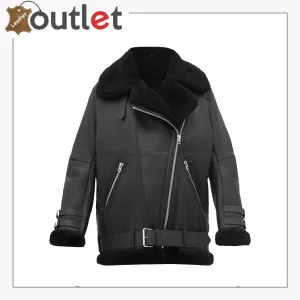 Women Pitch Black B3 Shearling Leather Jacket