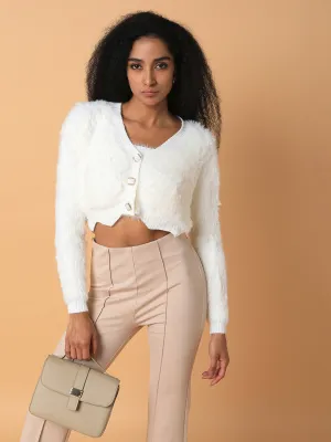 Women Solid Cream Crop Cardigan with Inner Slip