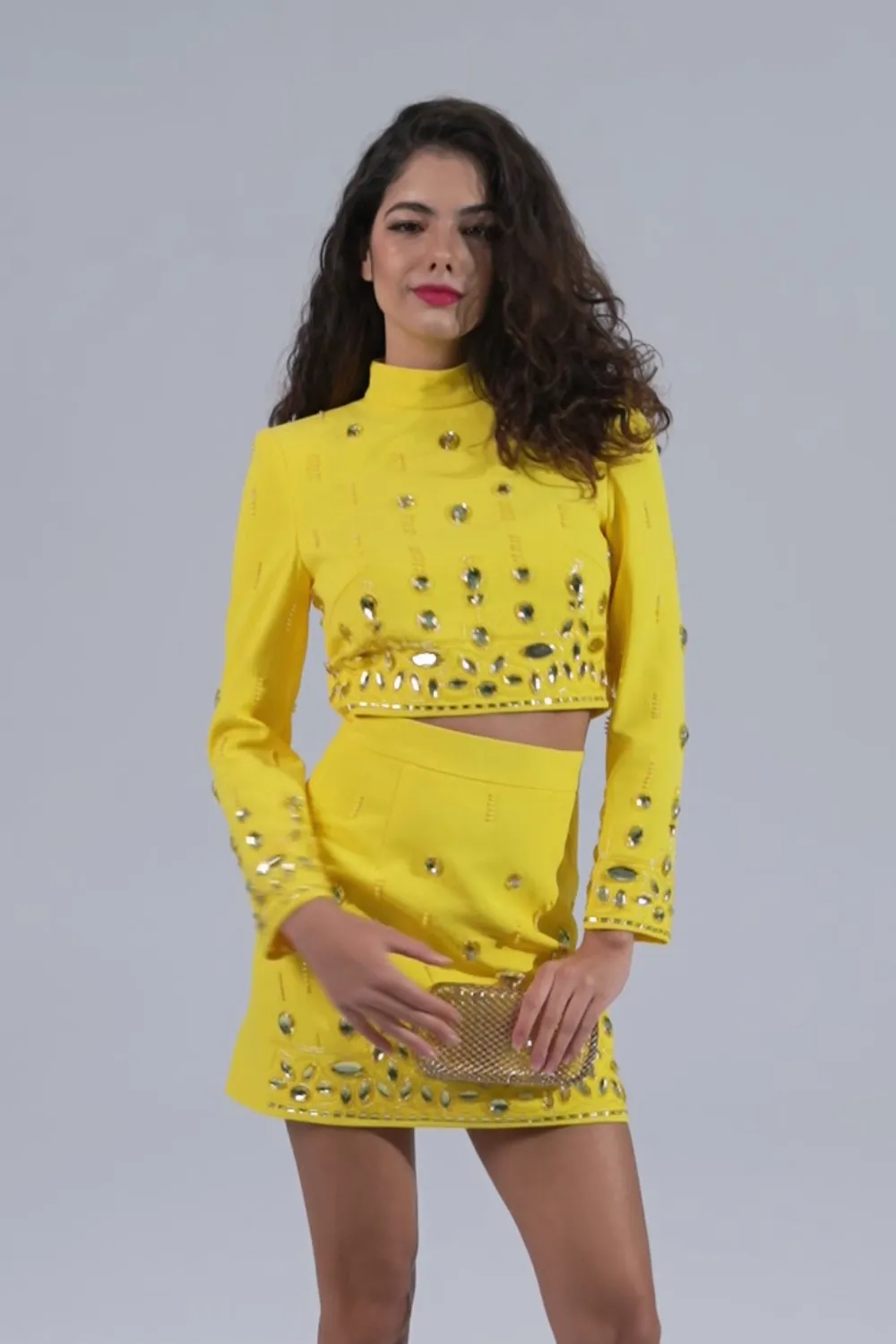 Yellow Crystal Embellished Top Skirt Set